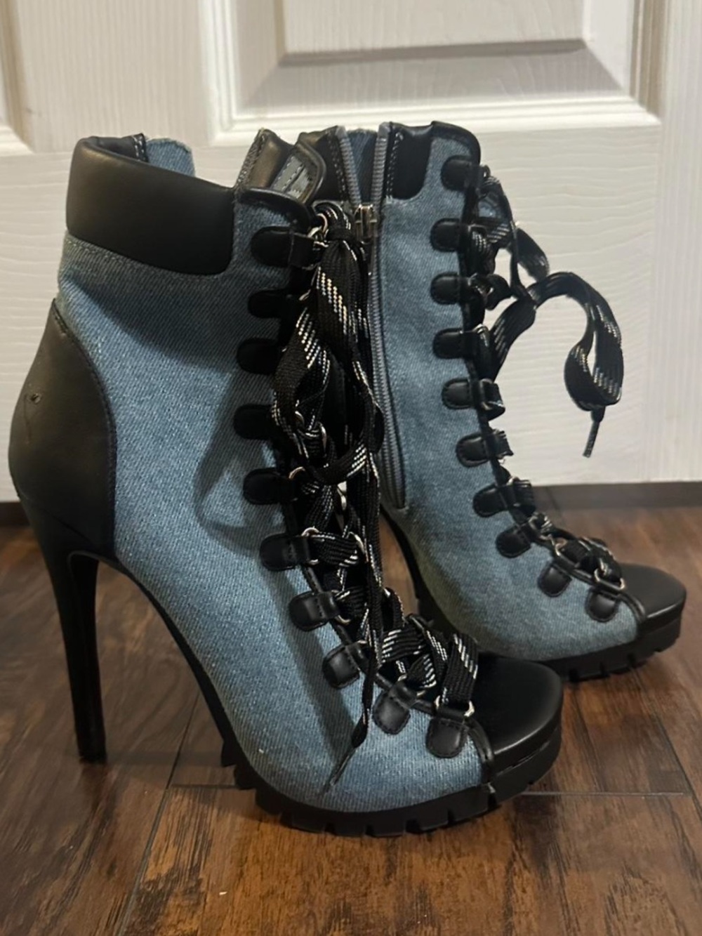 Shoe Dazzle Denim Lace-Up Stiletto Booties with Black Trim